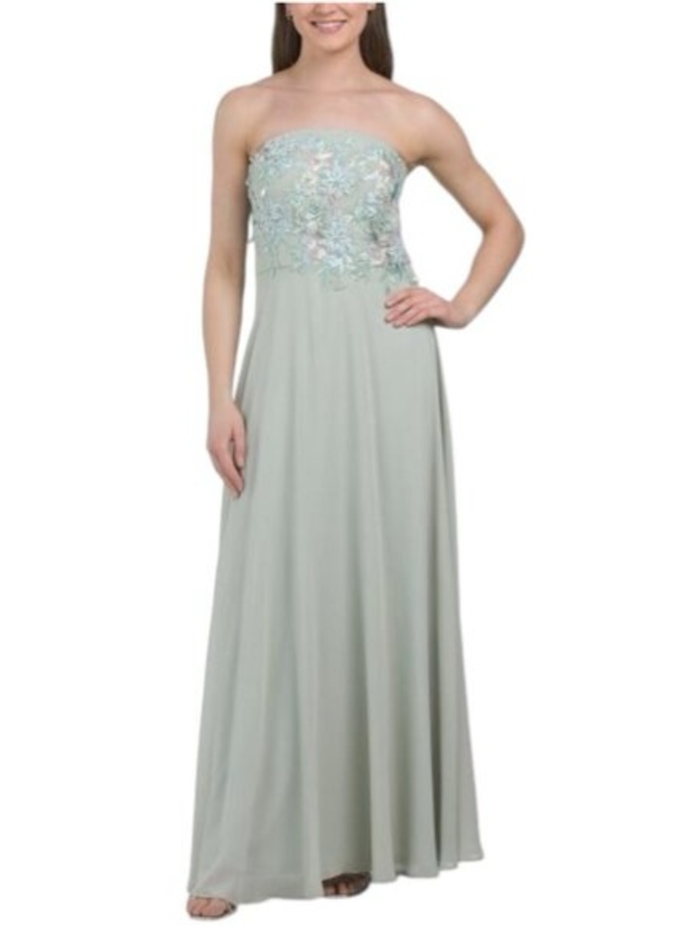 NWT XL Oleg Cassini Sage Blossom Gown Strapless Embroidered Bodice Maxi Dress
